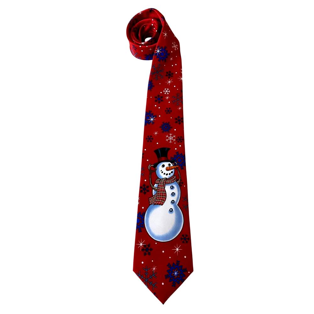 Tie Tales Men's Snowman Tie OS Red White Snowflakes Winter Christmas Holiday